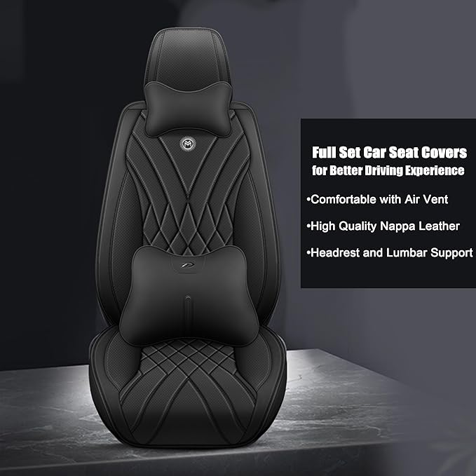 Amooca Car Seat Covers Full Set Automotive Seat Protection Fit for Most Cars SUVs Front & Back Seats Waterproof Nappa Leather Car Seat Cushion Breathable Black with Pillow & Lumbar Support