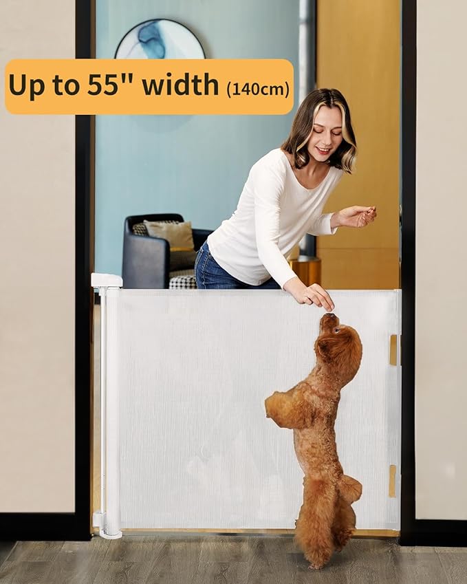 Retractable Baby Gate,Mesh Baby Gate or Mesh Dog Gate,33" Tall,Extends up to 55" Wide,Child Safety Gate for Doorways, Stairs, Hallways, Indoor/Outdoor（White,33"x55"
