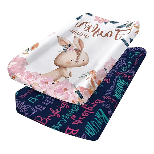 Custom Changing Pad Cover Set - Jersey Knit Ultra Soft Unisex Waterproof Diaper Changing Table Covers with Personalized Name for Baby Boys Girls - Comfy Cozy 2 Pcs Set Style04