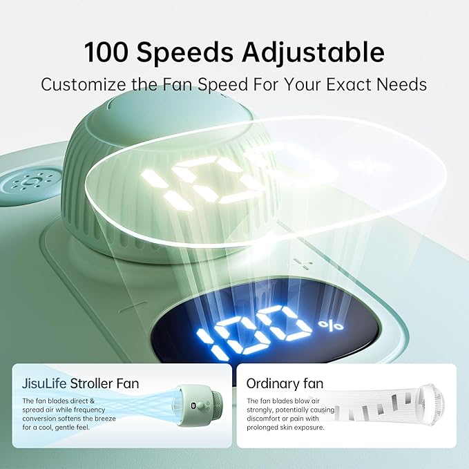 JISULIFE Stroller Fan Baby Large, Safe Bladeless for Crib, Desk, Portable Battery Rechargeable Cooling Fan with Air Turbo Tech, LED Display, Night Light, Food-Grade Gift for Mom/Dad/Friend - Green