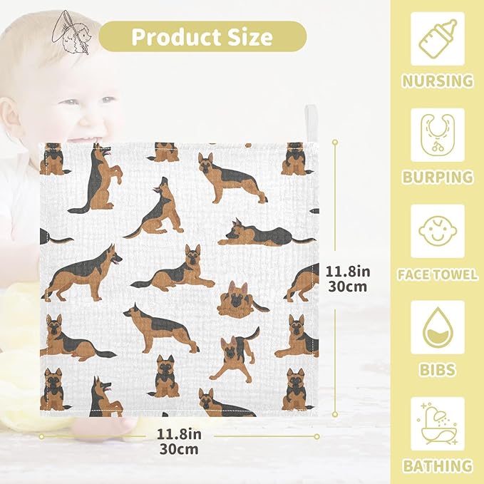 vvfelixl Baby Cotton Washcloths German Shepherd Dogs Infants Bath Towel for Unisex Face Towels for Newborn, Natural Baby Wipes Delicate Skin, 11.8 X 11.8 inch, one sizex5
