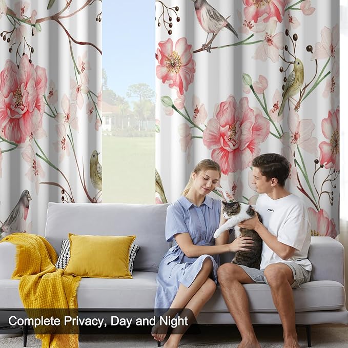 Birds and Pink Floral Soundproof Blackout Curtains for Girls Room and Nursery, Blackout Curtains for Bedroom 63 Inches Long, Light Filtering Thermal Insulated Black Out Privacy Curtains 2 Panels Set