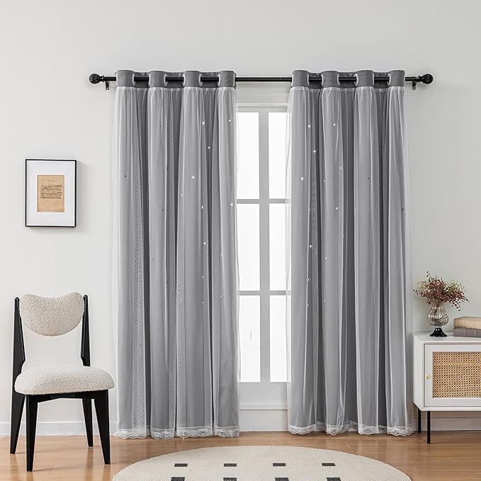 Light Gray Curtains for Kids Bedroom Nursery Decor Star Cutout Double Layer Light Blocking Blackout Curtains for Living Room Kids Room Grommet Top Curtain 2 Panels 42 x 63 inch