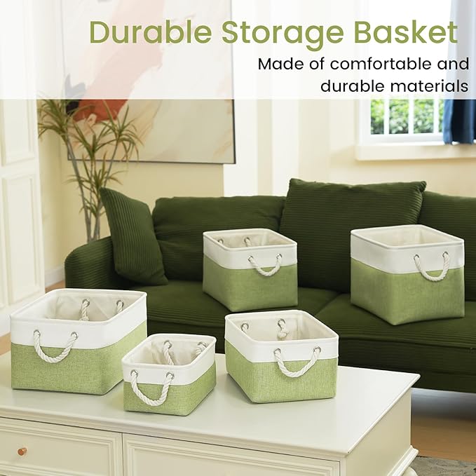Large Storage Baskets- 15.7x11.8x8.26 inch Storage Bins for Shelves and Closet Organizing, Foldable Fabric Bin for Home Organization Clothes and Laundry (3-Pack, White&Green)