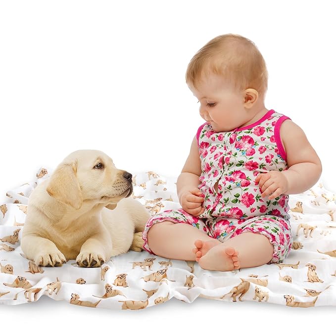 LifeTree Baby Swaddle Blankets Dog Pattern, Muslin Blankets Boys Girls Swaddling Wrap Receiving Blanket for Newborn, 70% Viscose from Bamboo and 30% Cotton, Large 47" x 47", Labrador