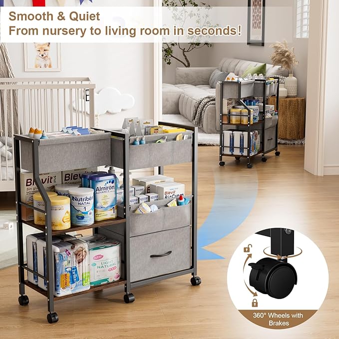 Baby Diaper Caddy Organizer and Storage, 3 Tier Rolling Cart with Dividers and Drawers, Mobile Utility Cart with Wheels for Nursery, Bedroom, Baby Newborn Essentials Storage Cart, Black