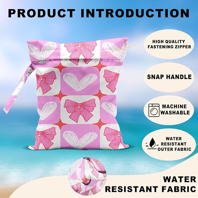 2Pcs Pink Bow Wet Bags 12x10 Inch, Heart Waterproof Wet Dry Bags, Reusable Washable Travel Laundry Bag for Swimsuit Beach Diapers Dirty Yoga Gym Clothes, Butterfly Gifts for Women Friend Travelers
