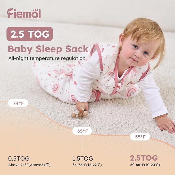 FIEMOL Baby Sleep Sack 0-6 Months, 2.5 TOG Cotton Winter Baby Wearable Blanket with 2-Way Zipper, Warm Soft Sleeping Bag for Newborn Infant Boy Girl, Small Rainbow