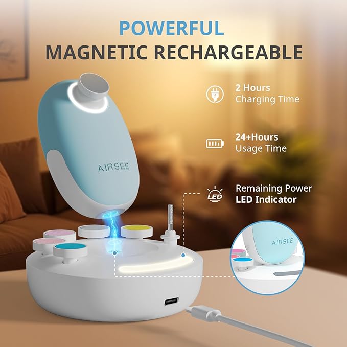 AIRSEE Premium Newborn Gift, Electric Baby Nail File, Cordless Safe Infant Nail Trimmer with 6 Replacement Pads, Magnetic Rechargeable Base, 360° LED Light, Baby Grooming Kit Gift (Light Blue)
