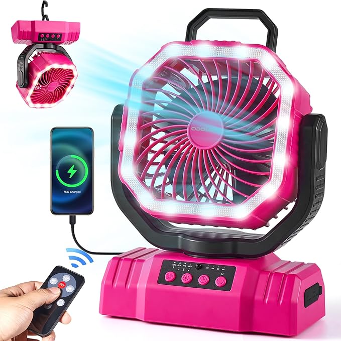 Odoland Portable Camping Fan with LED Lantern, 20000mAh Rechargeable Battery Powered Fan with Auto Oscillation, Timer, Remote, 360° Rotation Hook, 4 Speeds for Power Outage Travel Home, Pink