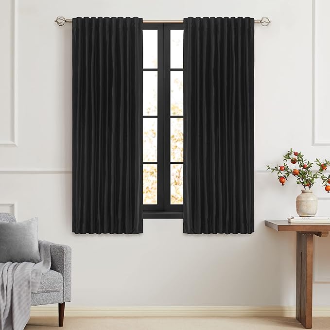 PRIMROSE Black Curtains 63 inch for Living Room Velvet Drapes Blackout Rod Pocket Back Tab Window Treatment Semi Room Darkening Decor Curtains for Bedroom Set of 2 Panels