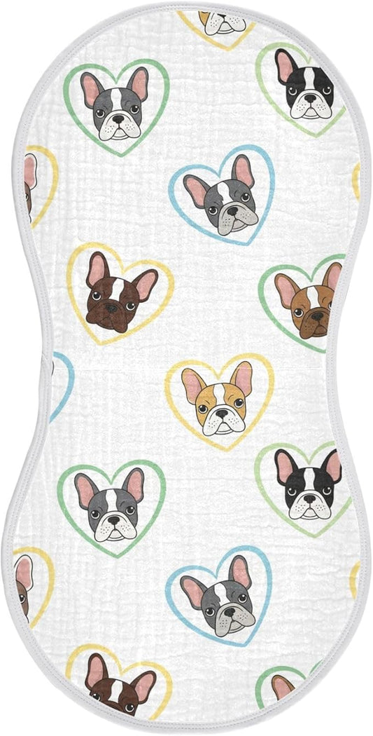 Qinllo 1 Pack Muslin Burp Cloths Bulldog Hearts White Cotton Baby Burp Cloths Ultra Soft Burping Cloth Absorbent Spit Up Rags for Newborn Baby Boys Girls 22x11 Inch
