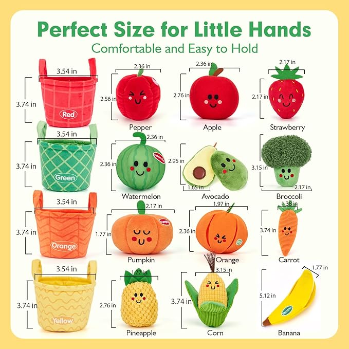 hahaland Baby Sensory Toys - 16 PCS My First Fruit Vegetable Color Sorting Play Food Crinkle, Rattle, Baby Toys 6-12 Months Montessori Toys for 1 Year Old Boy Girl Toddler Valentines Day Gifts Easter