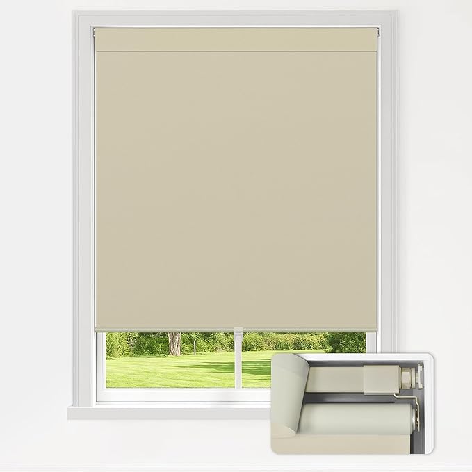 LazBlinds No Drill Blinds for Indoor Windows, Blackout Roller Shades, Cordless Window Blackout Blinds, Thermal Insulated Fabric UV Protection for Home and Office, 36" W x 48" H, Beige
