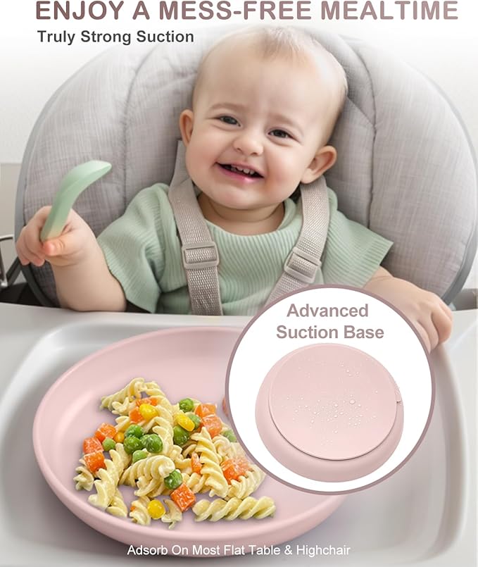 Qyeejong Toddler Plates with Suction 2 Pcs, BPA Free Silicone Suction Plates for Baby Toddler Kids, Baby Dinner Dishes Stick & Stay, Microwave & Dishwasher Safe