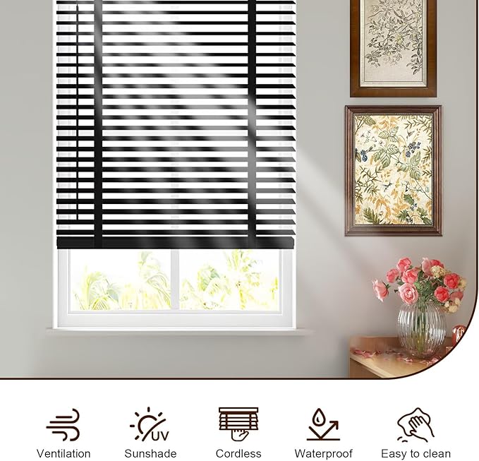 2" Cordless Wood Blinds for Indoor Windows Custom Blackout Blinds Room with Privacy Protection, Cordless Wooden Horizontal Window Shades for Bedroom, Living Room, Office, Kitchen, 24" W x 48" H