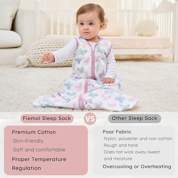 FIEMOL Baby Sleep Sack 12-18 months, 100% Cotton Sleep Sack for Newborn, Wearable Blanket Baby, 0.5 Tog Lightweight Double Zipper Sleeping Bag Butterfly 1 Pack