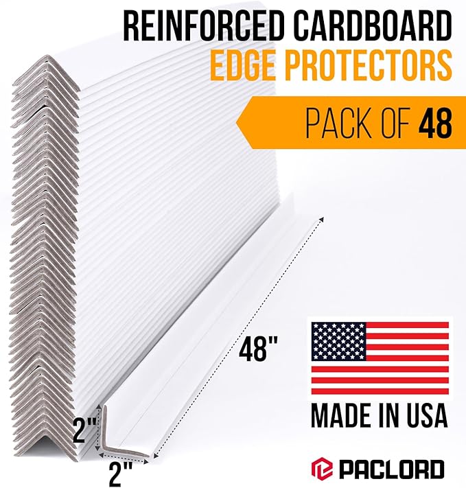 48" x 2" x 2" Reinforced Cardboard Edge Protectors, White (Pack of 48) – 0.225" Thick Extra Heavy-Duty Cardboard Corner Protectors – American Quality V-Board Pallet Edge Protectors