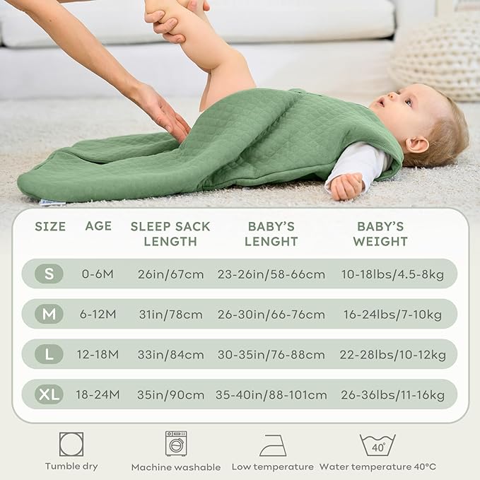 FIEMOL Baby Sleep Sack 0-6 Months 2.5 TOG, Winter Cotton Sleep Sacks Newborn and Infant, Warm Quilted Baby Wearable Blanket, Newborn Sleeping Bag with 2-Way Zipper Green 1 Pack