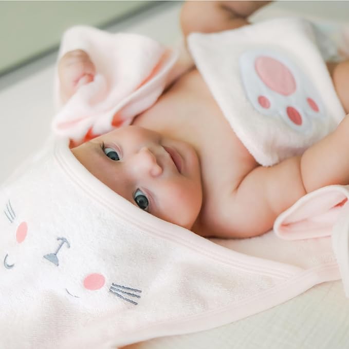 CuddleBug Premium Hooded Baby Bath Towel & Washcloth Set (Bunny) - 100% Cotton Terrycloth Hooded Baby Towels for Newborn & Toddler, Super-Soft & Absorbent, Newborn Essentials (30" x 30") - Blush Pink