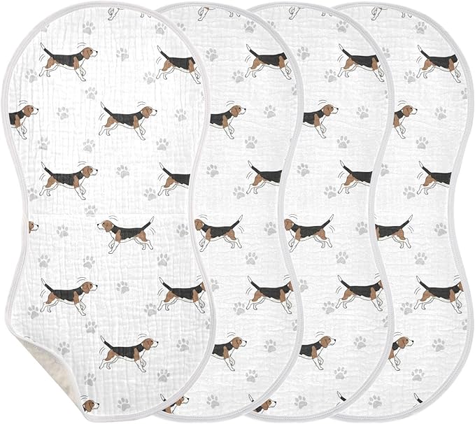 Qinllo 4 Pack Muslin Burp Cloths Beagle Paw Print White Cotton Baby Burp Cloths Extra Absorbent and Soft Thick Burping Cloth for Baby Boys Girls 22x11 Inch