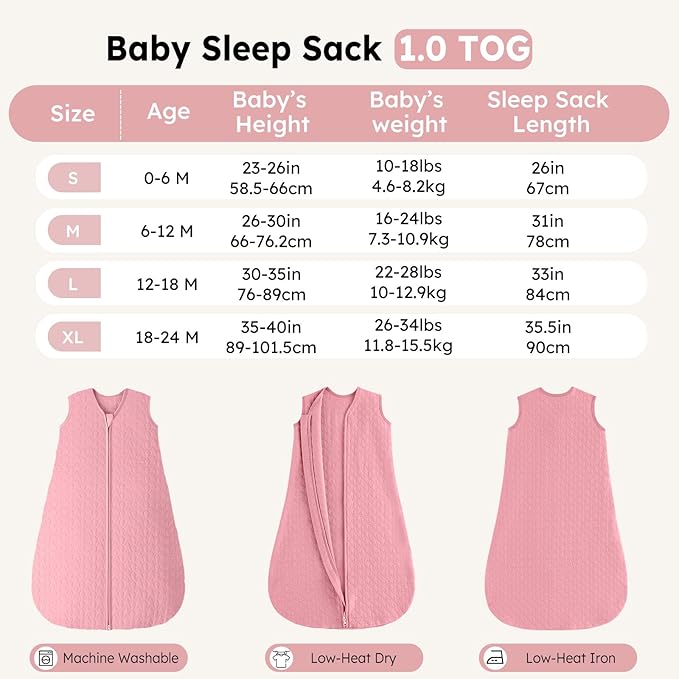 Unnivoll Baby Sleep Sack 6-12 Months 1.0 Tog Baby Wearable Blanket Cotton Sleeping Sack Quilted Baby Sleep Bag with 2-Way Zipper for Infant Newborn Pink