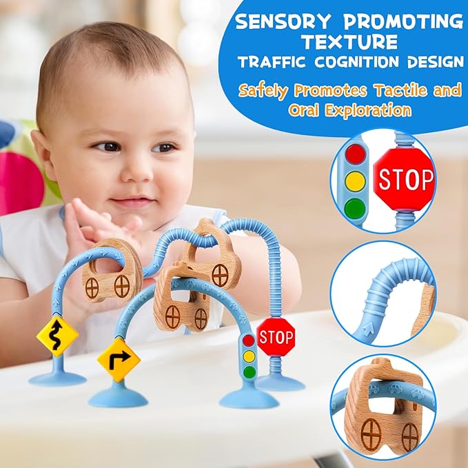 Baby Suction Cup Sensory Toy - Baby Toys for High Chairs, Airplane Travel, Bathtub, Restaurant, Montessori Interactive Silicone Teething Toys for Infants and Toddlers, Enhance Fine Motor Skills