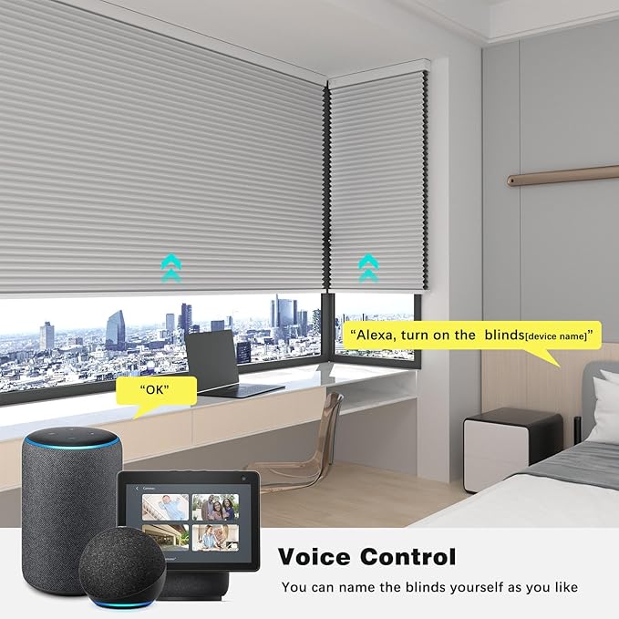 Changshade Motorized Cellular Shades with Remote Control Smart Blinds Compatible with Alexa, Google Home, Smarthings, Custom Size Electronic Automatic Shades for Indoor Windows Doors, Blackout, White