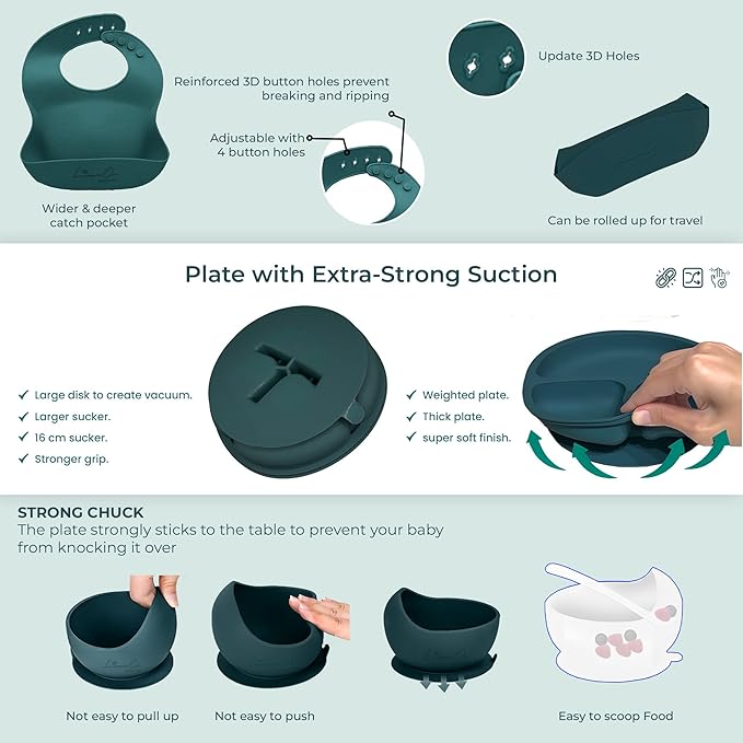 Silicone Baby Feeding Set, 10 Pcs Baby Led Weaning Supplies | BPA-Free Baby Dishes with Toddler Plates and Bowls Set, Silicone Bib, Suction Cup, Baby Spoons & Forks | Empower Independence – Green