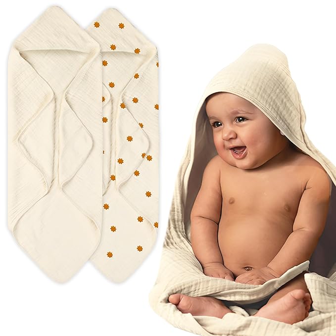 Hands-Free Hooded Towel - 100% Organic Premium Muslin Cotton, 30" x 30", Ultra-Absorbent, Soft, Breathable, Hypoallergenic, Multipurpose, Gifts for Babies & Infants, Pack of 2