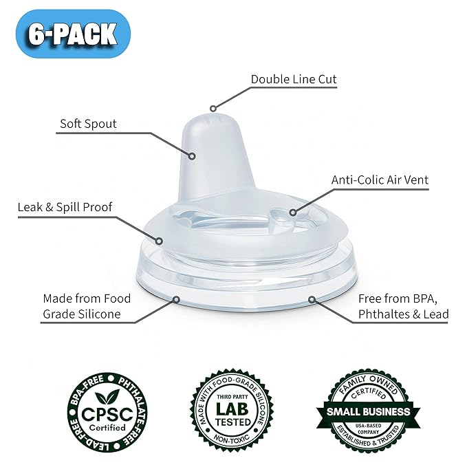 Sippy Spout Nipples for Dr. Brown's Natural Flow Anti-Colic Options+ Wide-Neck Baby Bottles & Glass Bottles, 6-Count, Food Grade Silicone, BPA-Free, Spill-Proof, Convert to Sippy Cup, 4+ Months