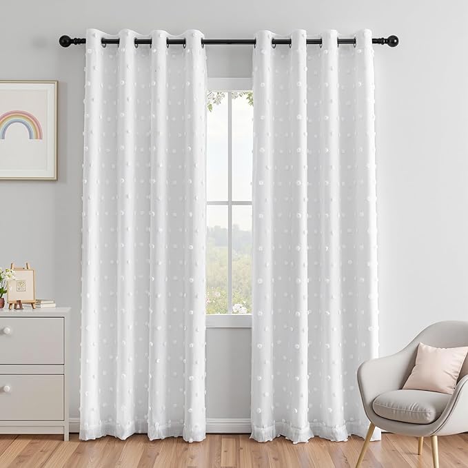 MEETSKY White Blackout Curtains for Girls Bedroom 84 Inch Length 2 Panels Set Total Room Darkening Drapes for Kids Thermal Insulated 100% Light Blocking Curtains with White Pom Pom Grommet,52W x 84L
