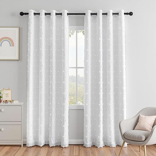 MEETSKY White Blackout Curtains for Girls Bedroom 84 Inch Length 2 Panels Set Total Room Darkening Drapes for Kids Thermal Insulated 100% Light Blocking Curtains with White Pom Pom Grommet,52W x 84L
