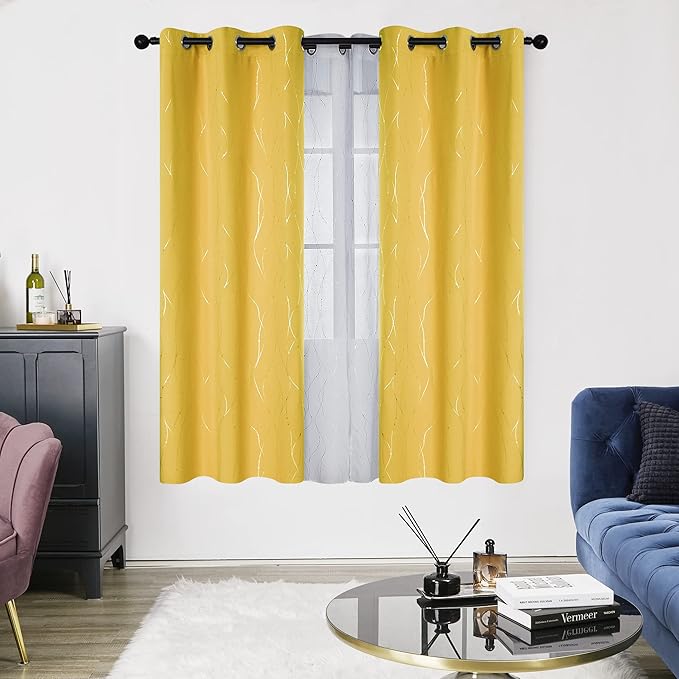 Deconovo Yellow Curtains, Blackout Drapes, Thermal Insulated Soundoroof Pravicy Curtain with Wave Dots Foil, 42 x 72 Inch, Machine Washable Panels for Small Windows Office Nursery Living Room Bedroom