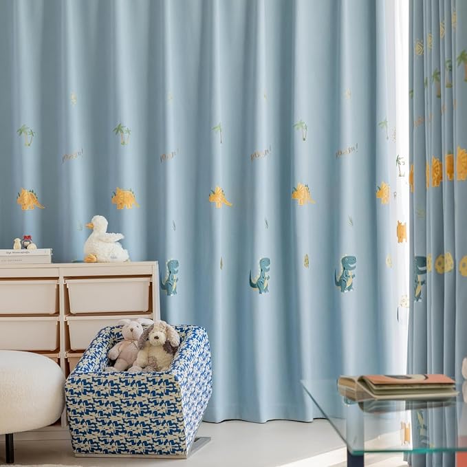 KMSG Cartoon Dinosaur Kids Curtains with Blackout Liner Embroidery Nursery Curtains for Children Boys Baby Bedroom Living Room Grommet Top Room Darkening Window Drapes 1 Panel (Blue,W52 x L63 Inch)