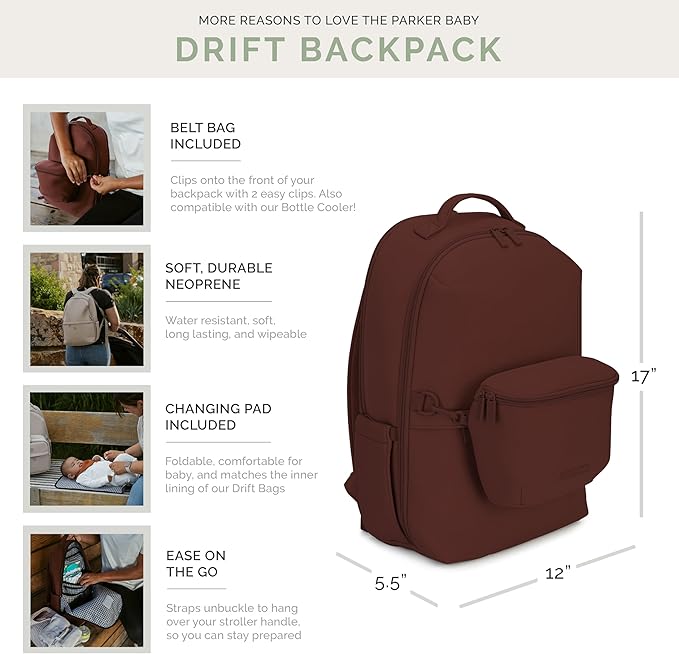 Parker Baby Drift Neoprene Backpack & Belt Bag | Roomy, Soft & Water Resistant | Travel Essentials w/ Diaper Changing Pad | No-Bulk Design w/ Adjustable Stroller Straps in Modern & Neutral Colors