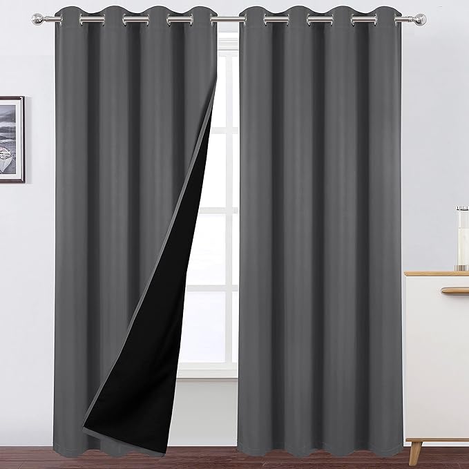 LEMOMO 100% Blackout Curtains 52 x 95 Inch/Grey Curtains 2 Panels with Black Lining Room Darkening Thermal Insulated Bedroom Curtains