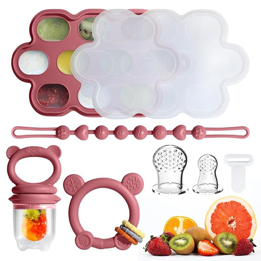 Baby Fruit Food Feeder & Breastmilk Popsicle Molds for Teething Relief, Baby Feeding Sets, 1 Freezer Tray with Lid & 1 Teether Toy & 1 Silicone Teething Pacifier Feeder, Extra Food Pouches (Red)