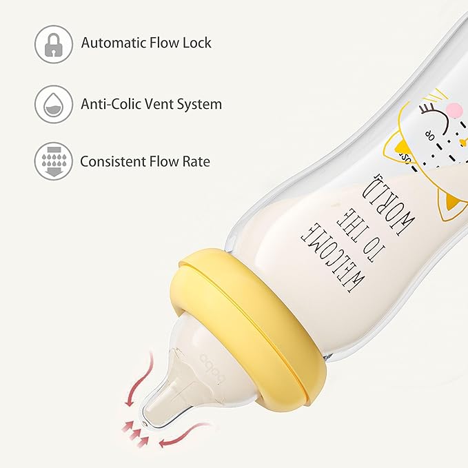 YOHKOH Natural Glass Baby Bottle with Level 2 Medium Flow Nipple, Newborn Anti-Colic Baby Bottles, Wide Neck Mushroom Baby Glass Bottle (8.8ounce (Pack of 4), Yellow1)