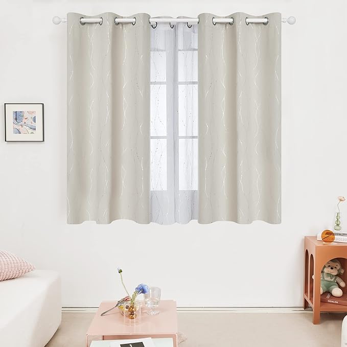 Deconovo Beige Blackout Curtains, Room Darkening Curtain, Thermal Insulated Soundproof Drapes, Silver Wave Dots Print, 38 x 36 Inch, Machine Washable Window Panels for Kitchen Nursery Office, Set of 2