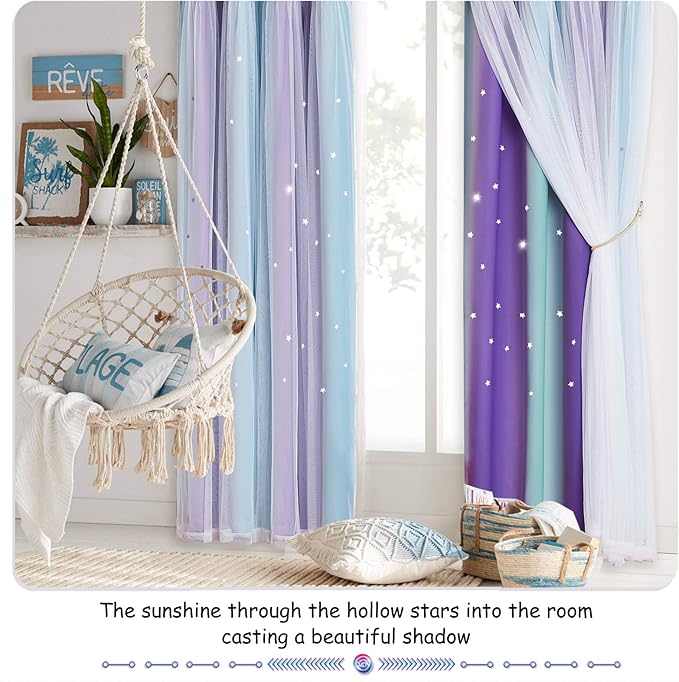 NICETOWN Kids Blackout Curtains for Girls, Star Cutout Teal & Purple Double Layer Curtains for Bedroom Grommet Mix & Match Baby Window Decor Drapes for Nursery/Living Room, 2 Panels, 52" W x 72" L