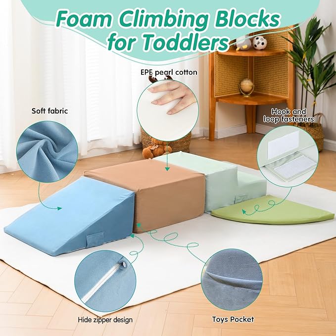Large 4 Pcs Climbing Toys for Toddlers 1-3 Inside, Oderless & Skin-Friendly Toddler Climbing Toys Indoor, Foam Climbing Blocks for Toddlers with Velcro to Keep Them Together-Ideal Gift