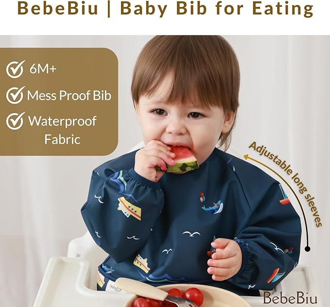 BebeBiu Long Sleeve Baby Bib, Waterproof Fabric, Catch-All Pocket, Baby Smock Bib, Adjustable Sleeves