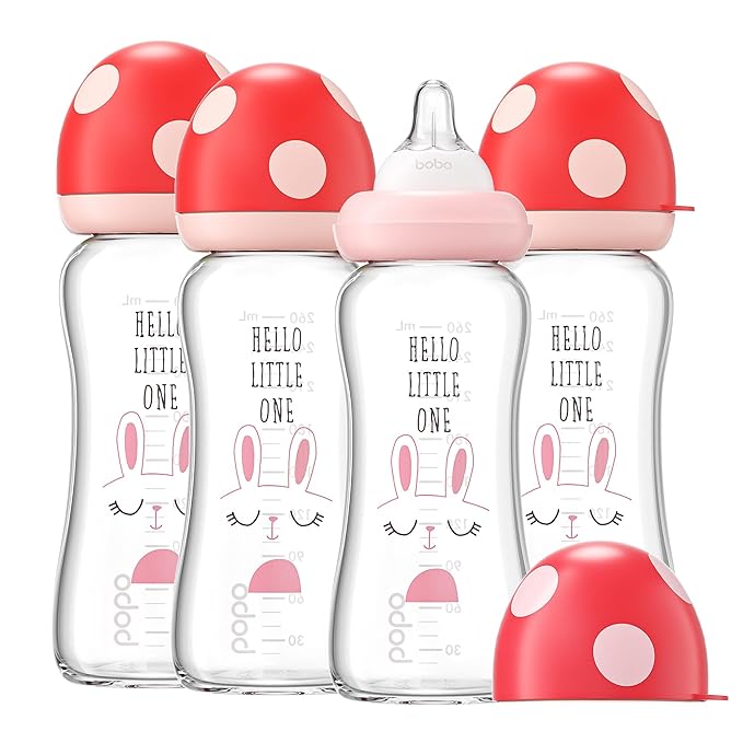 YOHKOH Natural Glass Baby Bottle with Level 2 Medium Flow Nipple, Newborn Anti-Colic Baby Bottles, Wide Neck Mushroom Baby Glass Bottle (8.8ounce (Pack of 4), Red1)