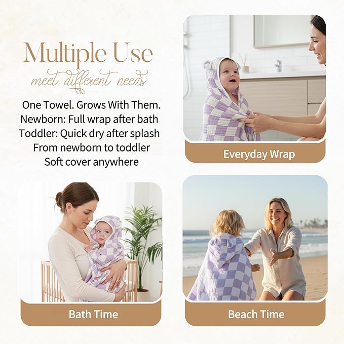 Ultra-Soft Muslin Toddler Hooded Towel - 55 x 28 Inches, Ideal for Bath & Beach, Suitable for Both Boys & Girls from Newborns to Toddlers（Lavender Check）