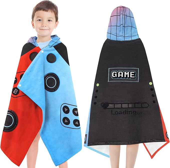 Hooded Towels for Kids- Ultra Soft 100% Cotton Video Game Gamepad Toddler Hood Bath Towels/Pool Terry Towel Beach Poncho Wrap Absorbent Cute Bath & Swim Wrap for Boys & Girls 3-10 Years