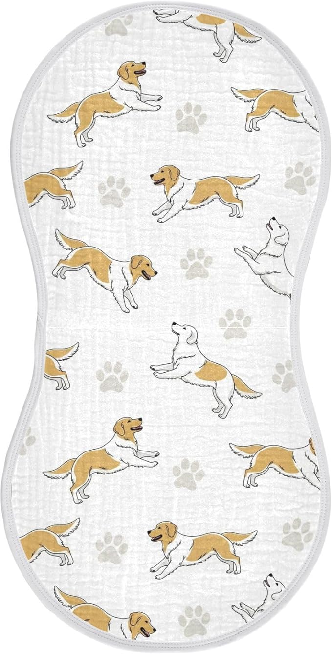 Qinllo 1 Pack Muslin Burp Cloths Golden Dogs Paw Prints White Cotton Baby Burp Cloths Ultra Absorbent and Soft Burping Cloth for Newborn Boys Girls 22x11 Inch