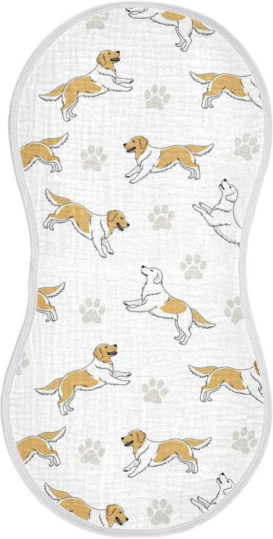 Qinllo 1 Pack Muslin Burp Cloths Golden Dogs Paw Prints White Cotton Baby Burp Cloths Ultra Absorbent and Soft Burping Cloth for Newborn Boys Girls 22x11 Inch