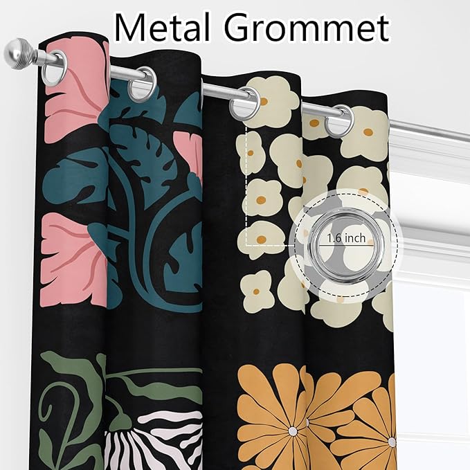Boho Vintage Floral Blackout Curtains，Retro Colorful Lattice Flower Modern Art Aesthetic Window Drapes，Living Room Bedroom Decor 2 Panels 52x84 Inch