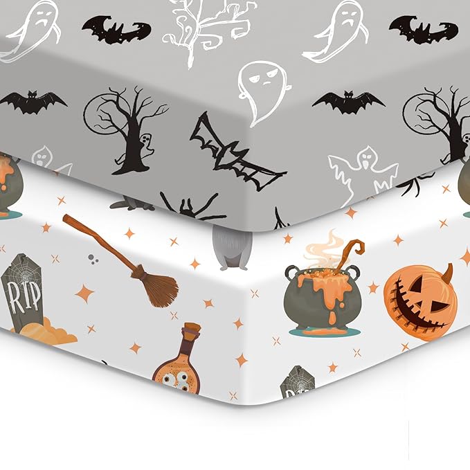 Halloween Baby Crib Sheets, Fitted Crib Sheet for Standard Crib and Toddler Mattress, Pumpkin, Black Cat, Bat, Witchy